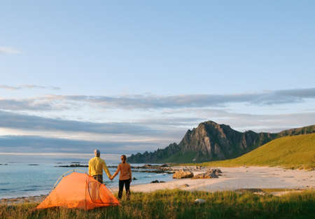 couple camping at Norwayの写真素材