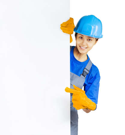 worker with blank board on white isolatedの写真素材