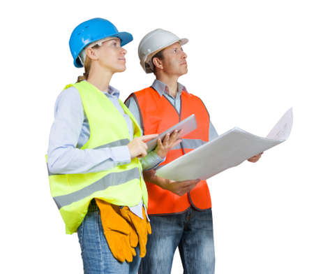 Foreman and engineer with blueprints isolated on white