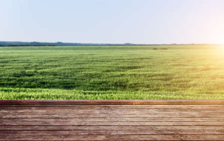 Empty wooden deck table with field background