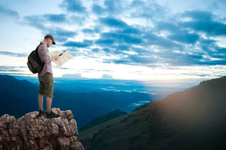 man hiking in mountainsの写真素材