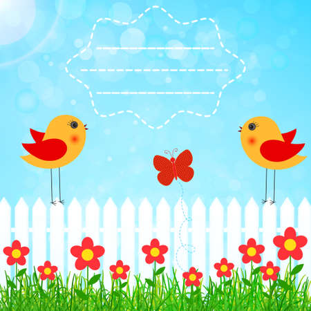 spring garden vector with birdsのイラスト素材