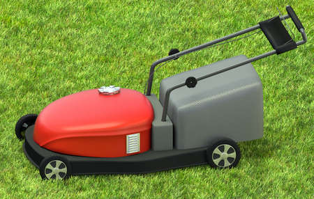 lawnmower on grass at backyardの写真素材