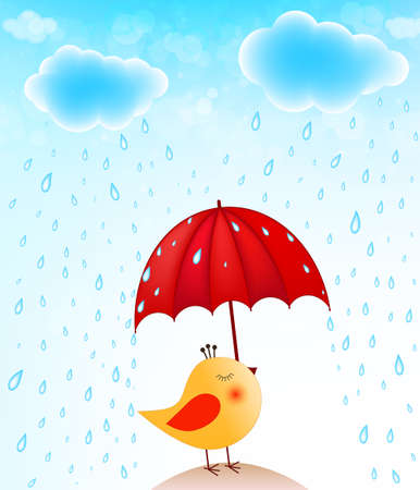 funny bird with umbrella under rainのイラスト素材