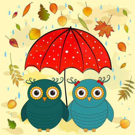 funny owls with umbrella vectorのイラスト素材