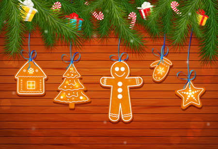 cookies on a christmas tree on a background of a wooden planksのイラスト素材