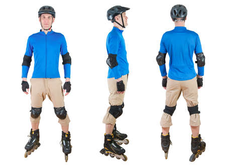 man roller skating with protective sportwearの写真素材