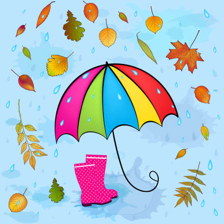 autumn background with leaves and umbrellaの写真素材