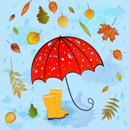 autumn background with leaves and umbrellaの写真素材