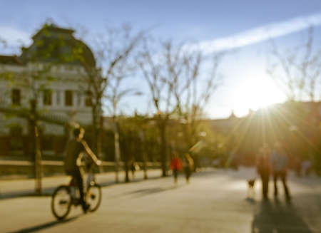 cycling and walking  in cityの写真素材