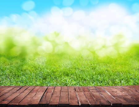 wooden floor and grass backgroundの写真素材