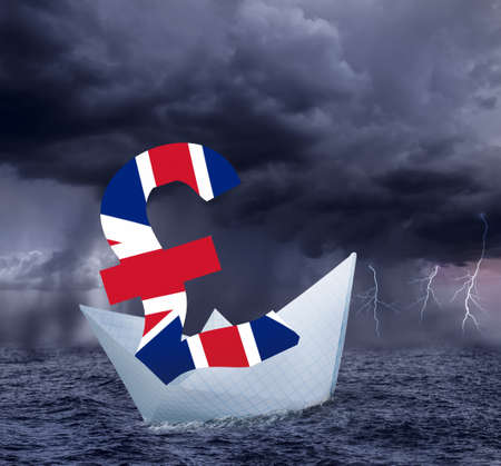 Pound floats in the stormy sea as symbol of future UK economy depression. Results of brexit polls.の写真素材