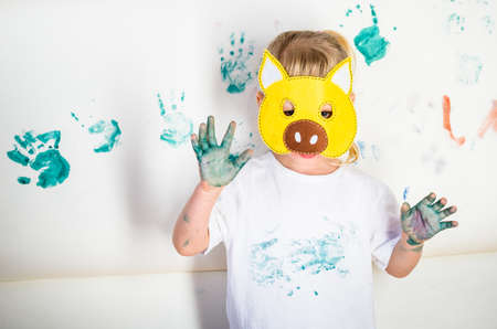 messy kid paintingの写真素材