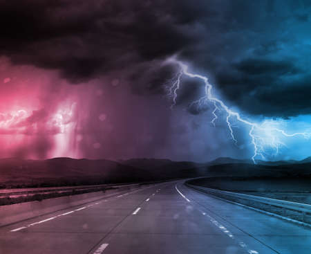 Storm and thunder on road