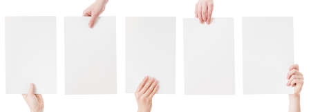 hands holding blank paper isolatedの写真素材