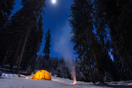 winter camping with fire at nightの写真素材