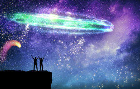 couple under starry sky magic night lanscape