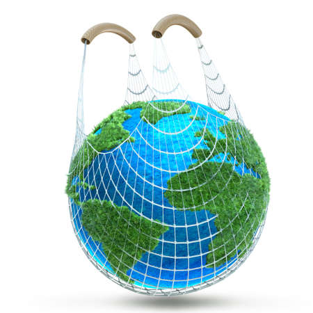 Green Earth made of grass in reusable bag.Plastic free and eco friendly shopping concept 3D illustration.の写真素材
