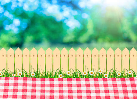 picnic outdoor, tablecloth in backyard and wooden garden fenceの写真素材