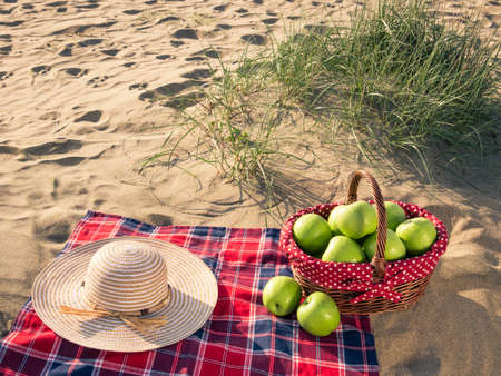picnic with picnic basket at the beach on holidayの写真素材