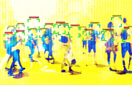 face recognition technology concept illustration of big data and security in city with crowdの写真素材
