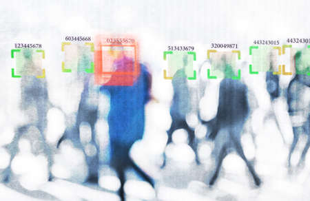 face recognition technology concept illustration of big data and security in city with crowdの写真素材