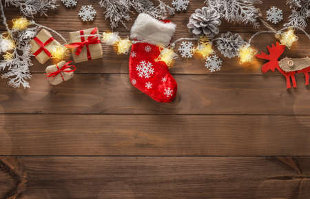 christmas wooden natural decoration and lights wide horizontal banner with copyspace