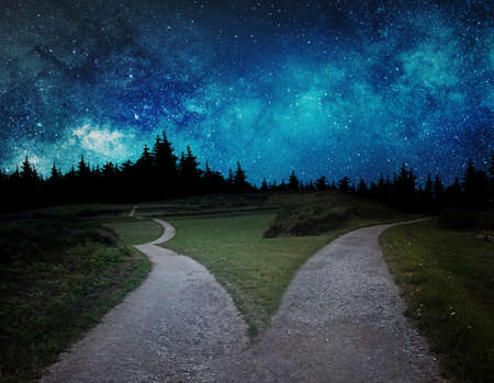 fork in the road at night lost in the forest and the wilderness conceptの写真素材