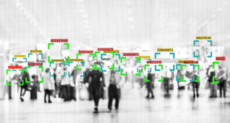 face recognition technology concept illustration of big data and security in city with crowd