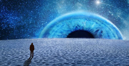 silhouette of a man on extraterrestrial lanet and alien eye