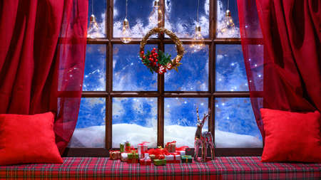 christmas cozy interior background with window sill illuminated with lights