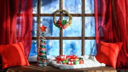 christmas cozy interior background with window sill illuminated with lightsの写真素材
