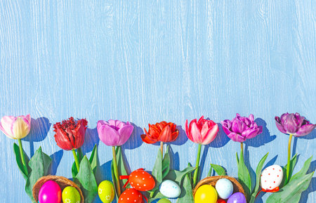 eggs and tulips easter wooden backgroundの写真素材