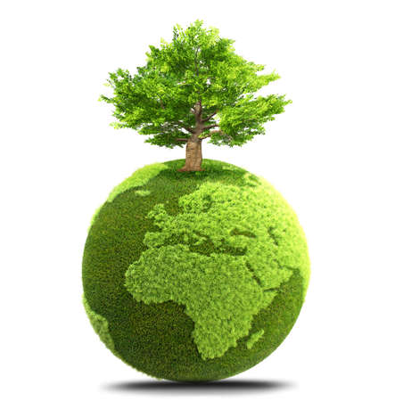 grass planet  with a tree 3D illustrationの写真素材