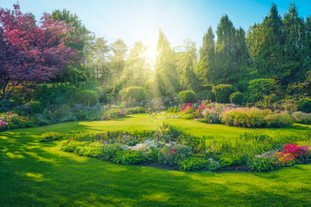 beautiful spring garden with flowers and lawn grass, 3D illustrationの写真素材