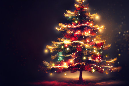 christmas tree decorated with light on black background, generative AI illustrationの写真素材