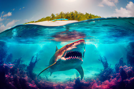 shark with big jaw and sharp teeth attacks underwater in ocean, generative AI illustrationの写真素材