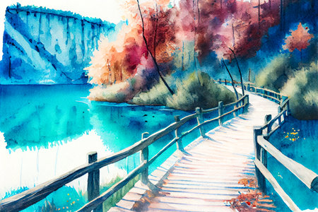 a watercolor drawing of Beautiful view of lake with Wooden boardwalk bridge, Autumn, National park Plitvice Lakes, Croatia, Europeの写真素材