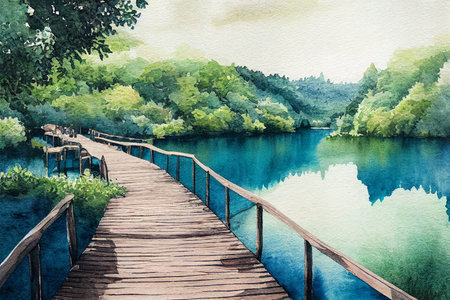 Watercolor drawing of Beautiful view of lake with Wooden boardwalk bridge, green trees, National park Plitvice Lakes, Croatia, Europeの写真素材