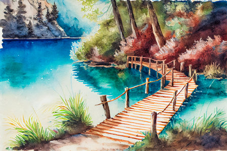 a watercolor drawing of Beautiful view of lake with Wooden boardwalk bridge, Autumn, National park Plitvice Lakes, Croatia, Europeの写真素材