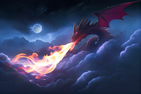 dragon breathing fire over clouds at night, digital paintingの写真素材