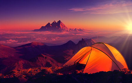 tourist tent camping in mountains at sunsetの写真素材