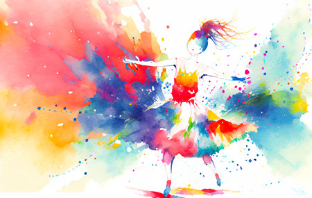 beautiful girl dancing, watercolor explosion of colors, AI generatedの写真素材