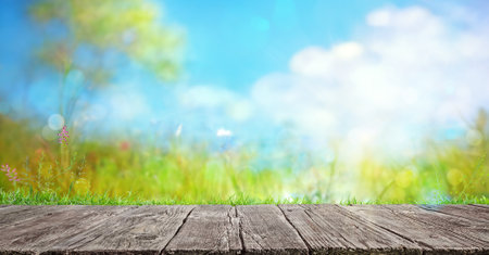 a wooden table and blurred spring landscape background with flowers and grassの写真素材
