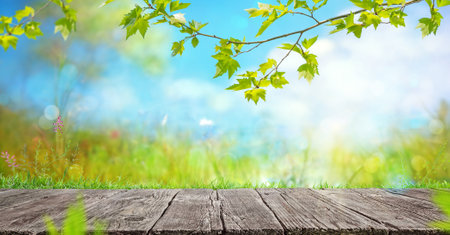 a wooden table and blurred spring landscape background with flowers and grassの写真素材