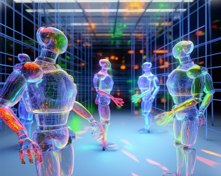 futuristic AI robots at factory, illustrationの写真素材