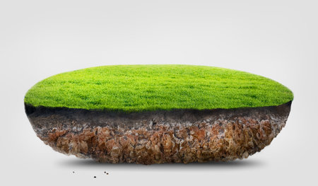 green grass cross section of field and soil on white background, 3D illustrationの写真素材