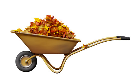 garden wheelbarrow with autumn leaves isolated on white background, 3d illustrationの写真素材