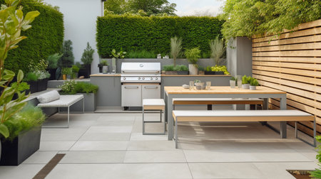 Green modern patio garden and backyard with BBQ, generative ai illustrationの素材