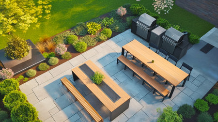 Green modern patio garden and backyard with BBQ, generative ai illustrationの素材